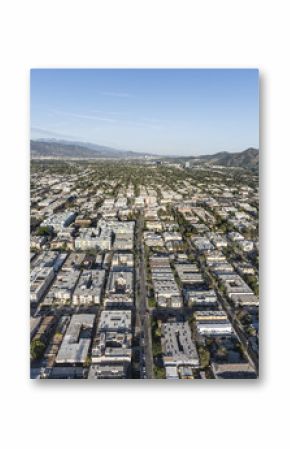 Aerial view of San Fernando Valley homes, apartments and streets in the North Hollywood neighborhood of Los Angeles, California.