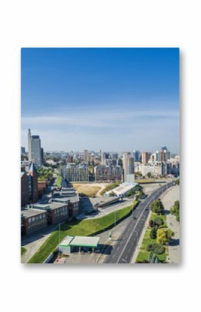 Aerial view on the modern and well-groomed Ukrainian city of Dnieper (Dnipropetrovsk) located on the bank of the big river.