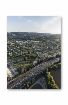 Afternoon aerial view of the Ventura 101 freeway near the Sepulveda basin in the Encino area of the San Fernando Valley in Los Angeles, California.