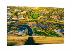 Aerial view of waterfront suburbian area on Mornington Peninsula at sunset. Melbourne, Australia