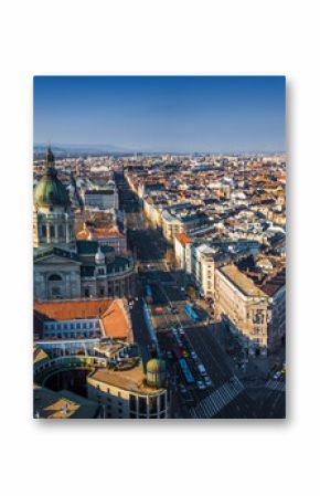 Budapest, Hungary - Aerial view of St.Stephen's basilica with Andrassy street and Bajcsy-Zsilinszky street at sunset with clear blue sky