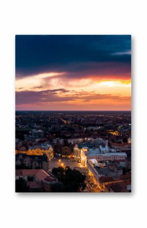 Timisoara downtown aerial view - amazing sunset with beautiful clouds