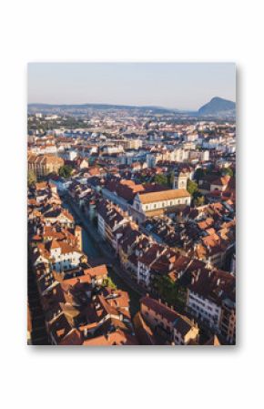 aerial panoramic view of Annecy city and Thiou river, France, historical landmark architecture of old town center, beautiful cityscape