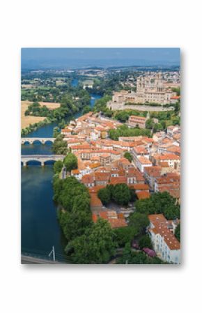 Aerial top view of Beziers town, river and bridges from above, South France  