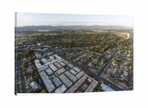 Afternoon aerial view towards the Sepulveda basin in the Encino area of the San Fernando Valley in Los Angeles, California.