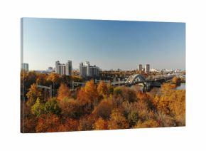 Top view of city of Khimki and railroad bridge in autumn, Russia