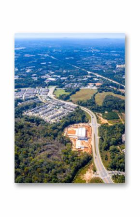 Aerial view of suburban houses and roads in the Atlanta suburbs