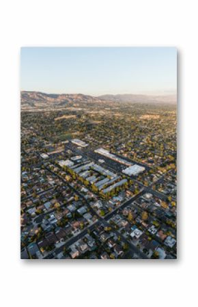 Aerial view of homes and streets near Lassen St and Mason Ave in the Chatsworth neighborhood of Los Angeles, California.