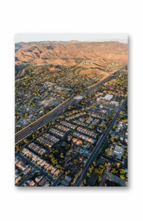 Aerial view of Simi Valley, route 118 freeway and the Santa Susana Mountains near Los Angeles, California.