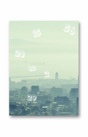 Image of numbers over fog covered aerial view of modern cityscape in background