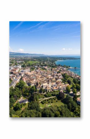 Aerial view of Nyon old city and waterfront in Switzerland