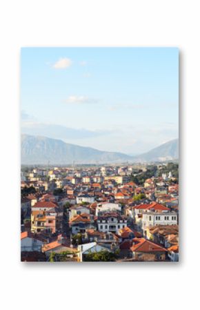 Aerial view to small town Korca, situated in south-east of Albania.