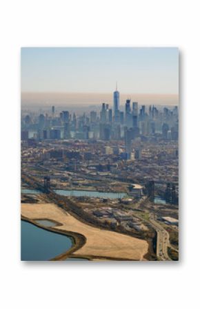 Aerial view of the Manhattan skyline in New York City seen from an airplane in approach for landing at Newark Liberty International Airport (EWR)