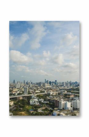 Aerial view of Bangkok city under blue sky and white cloud.