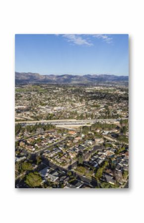 Aerial view of the 118 freeway in the Granada Hills neighborhood of Los Angeles California.