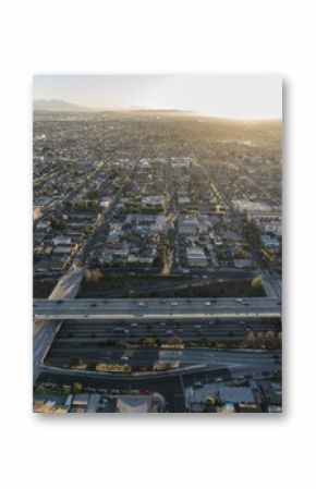 Aerial sunrise view of the double deck 110 Harbor Freeway south of downtown Los Angeles California.