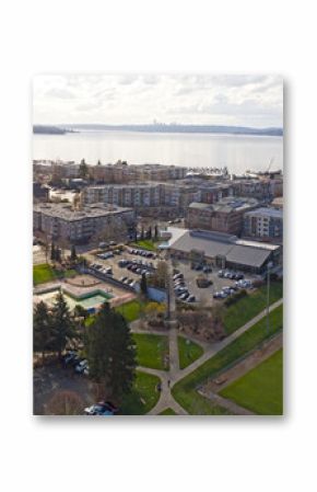 Kirkland Washington Downtown Aerial Panoramic View Looking Toward Lake Washington Seattle Skyline