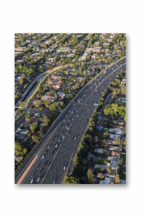 Aerial view of Ventura 101 Freeway near Van Nuys Blvd in the San Fernando Valley area of Los Angeles, California.