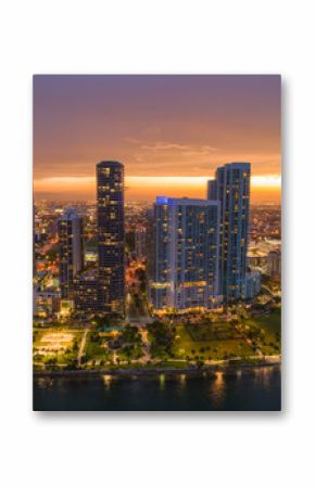 Aerial drone image of Edgewater Miami sunset over city