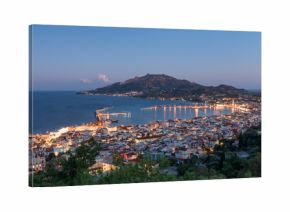 Aerial night view of Zakynthos (Zante) town. Beautiful cityscape panorama of Greece city. Traveling concept background.