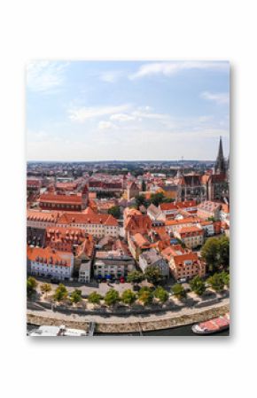 Panoramic landscape with view on Danube river and Regensburg city architecture, Germany, Aerial photography