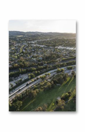 Late afternoon aerial view of the Ventura 101 freeway near the Sepulveda basin in the Encino area of the San Fernando Valley in Los Angeles, California.