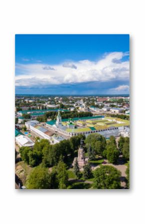 Aerial view to Kostroma city center with old trace buildings, churches and Central park with Lenin monument at summer.