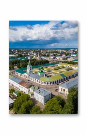 Aerial view to Kostroma city center with old trace buildings, churches at summer.