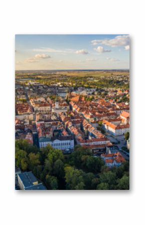Top aerial view to old town with market square of Kalisz, Poland.