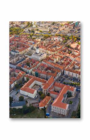 Top aerial view to old town with market square of Kalisz, Poland.