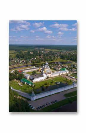 The Tikhvinsky Bogorodichyi Uspensky monastery in a city landscape (shooting from the quadcopter). Tikhvin, Russia