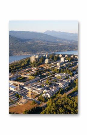 Aerial view of Burnaby Mountain during a vibrant sunny summer sunset. Taken in Vancouver, BC, Canada.