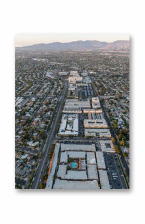 Aerial view towards Woodman Ave and Panorama City in the San Fernando Valley region of Los Angeles, California.