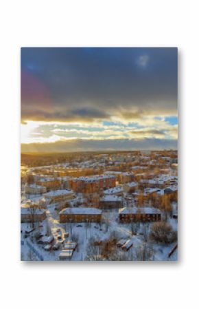 Old part of city in winter sunset, aerial view