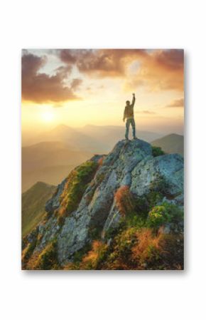 Silhouette of a champion on mountain peak. Active life concept