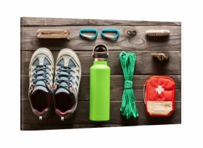 Travel items for hiking flat lay