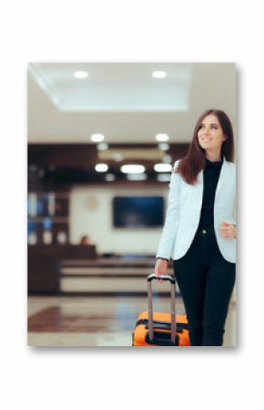 Elegant Business Woman with Travel Trolley Luggage in Hotel Lobby 