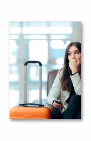 Sad Melancholic Woman with Suitcase in Airport Waiting Room