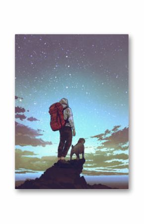 młody turysta z plecakiem i psem stojącym na skale i patrząc na gwiazdy na nocnym niebie, styl sztuki cyfrowej, malarstwo ilustracyjne