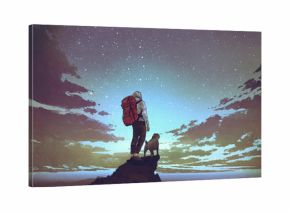 young hiker with backpack and a dog standing on the rock and looking at stars in the night sky, digital art style, illustration painting