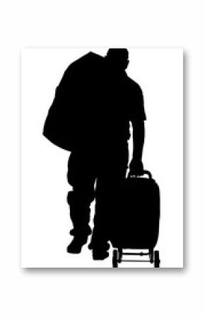 Passenger man with backpack and rolling suitcase walking to airport vector silhouette. Traveler with luggage go home carry baggage. Tourist with heavy bag cargo waiting taxi. Border refugee migration