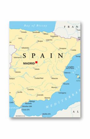 Spain political map with the capital Madrid, national borders, most important cities, rivers and lakes. English labeling and scale. Illustration on white background. Vector.