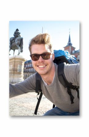 backpacker tourist taking selfie photo mobile phone outdoors