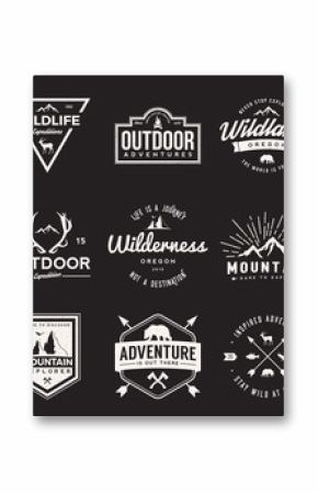 vector set of wilderness and nature exploration vintage  logos, emblems, silhouettes and design elements. outdoor activity symbols with grunge textures