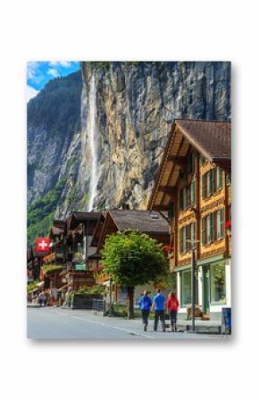 Famous Lauterbrunnen town and Staubbach waterfall,Bernese Oberland,Switzerland,Europe