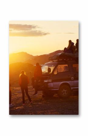 Travel concept with friends, sunset and car