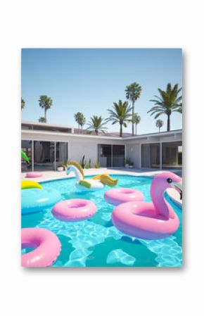 3D rendering. a lot of different floats in a pool