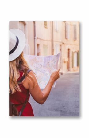 travel to Europe, tourist looking at map on the street, summer holidays sightseeing tourism