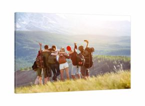 Happy tourists friends making selfie in mountains area