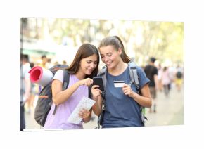 Two backpackers searching online content